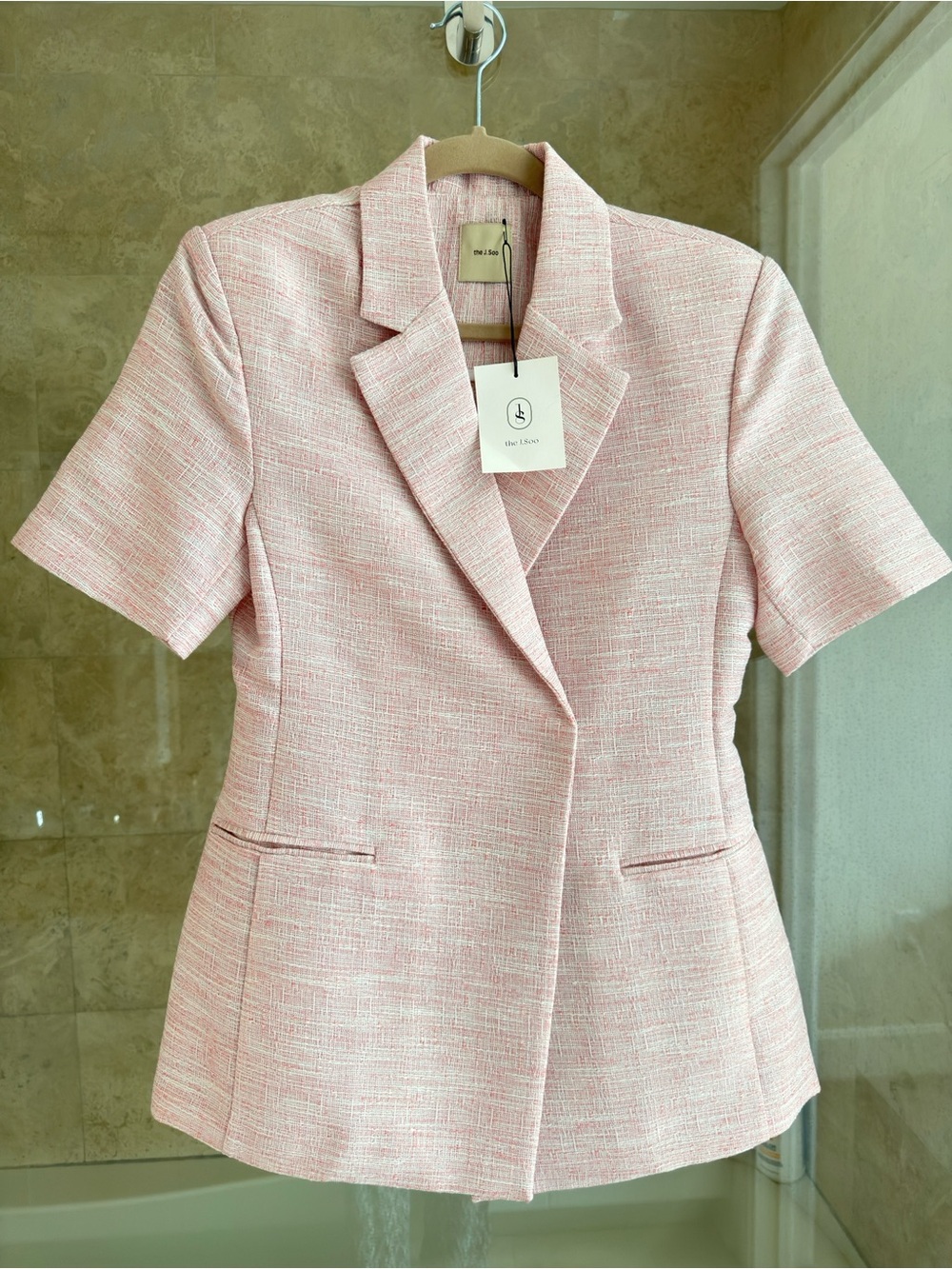 Short-Sleeve Tweed Blazer Jacket — Pink
